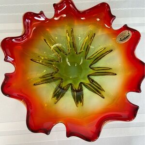 Murano Amberina Scalloped Glass Bowl Giant Ashtray Mid Century 10.75” Diameter